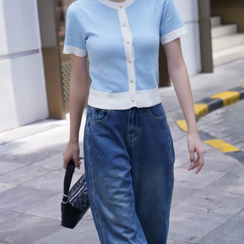 Áo Cardigan Rửa Lỗ Ngắn Tay Color Block