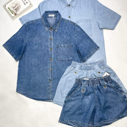 Bộ Jeans Nữ Áo Sơ Mi Quần Short Cá Cạp Trang Trí