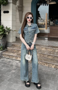 Set Jeans Áo Cộc Tay & Quần Ống Suông