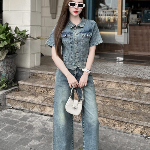 Set Jeans Áo Cộc Tay & Quần Ống Suông