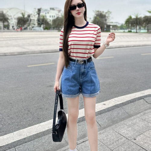 Quần short jeans cạp thường lơ vê gấu