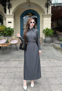 Set Váy Sơ Mi Cổ Đức & Chân Váy Dài Xếp Ly