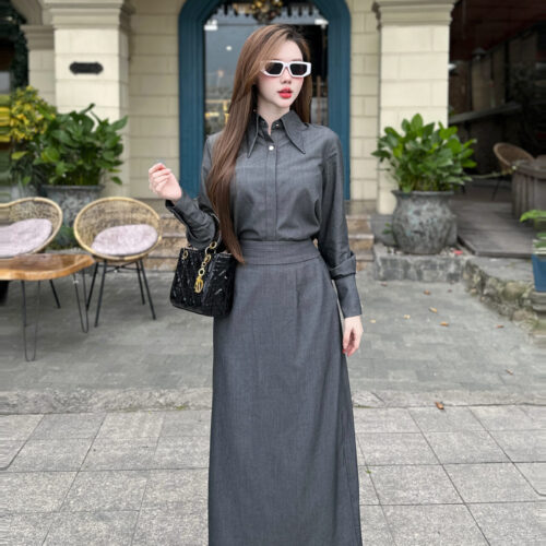 Set Váy Sơ Mi Cổ Đức & Chân Váy Dài Xếp Ly
